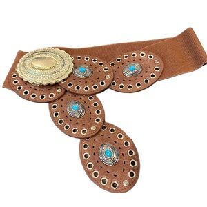 Brown and Gold Women's Belt with Turquoise Accents